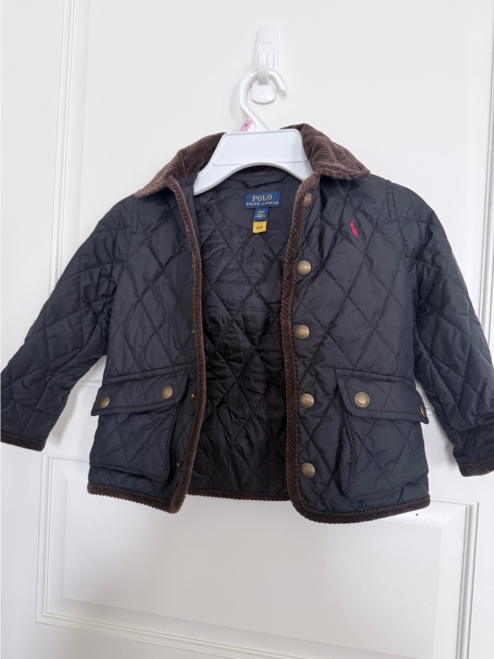 Polo by Ralph Lauren Black Quilted Kids Jacket with Brown Trim